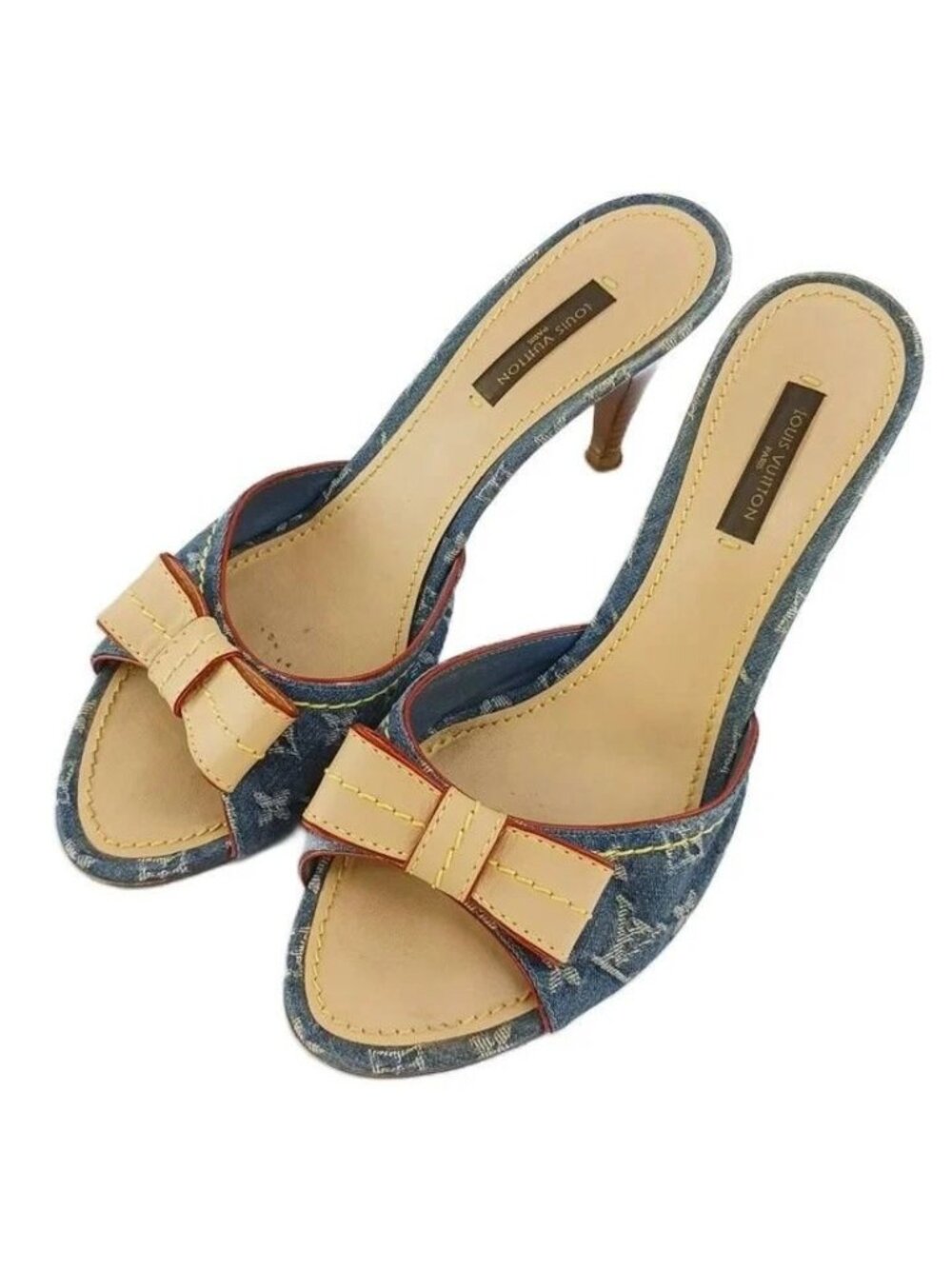 Louis Vuitton Monogram Denim Ribbon Sandals Leather Open Toe High Heels